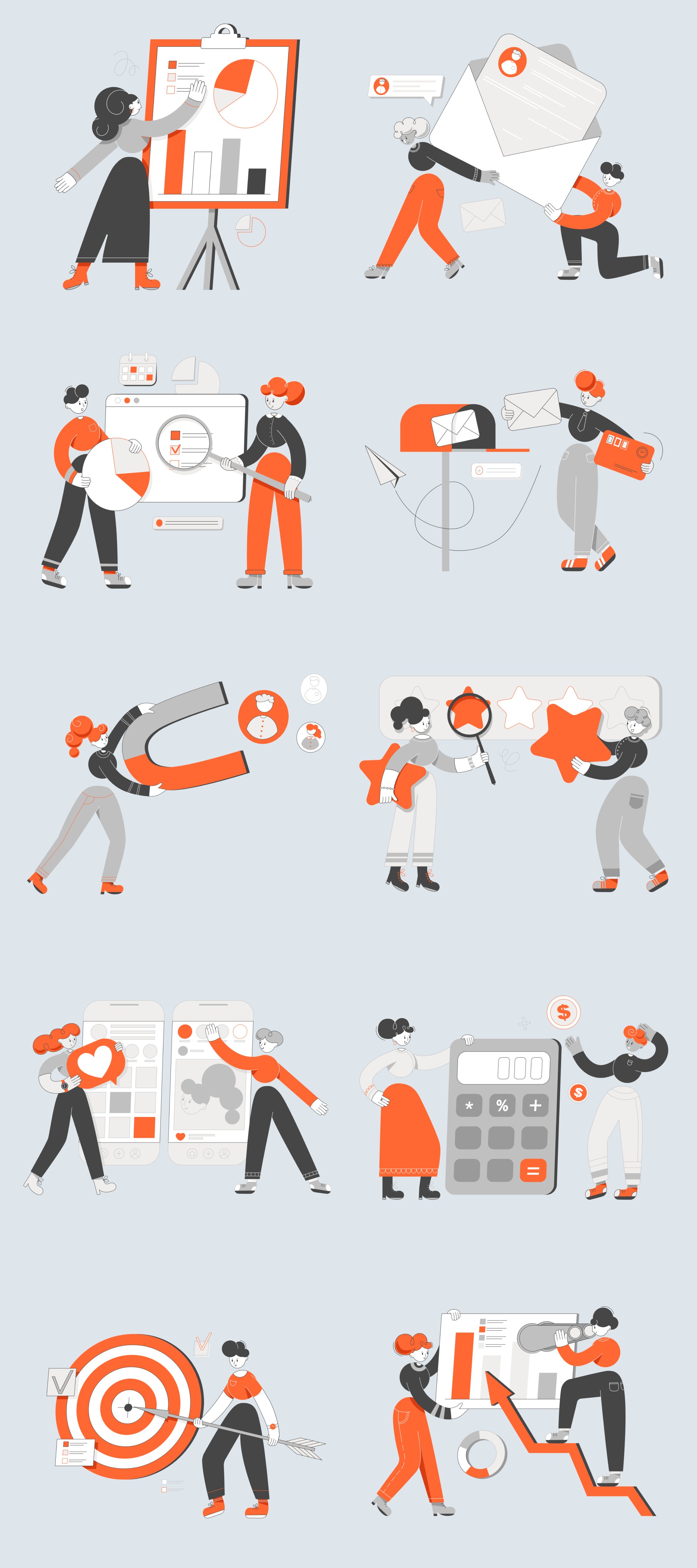 A series of illustrations of people doing different things.