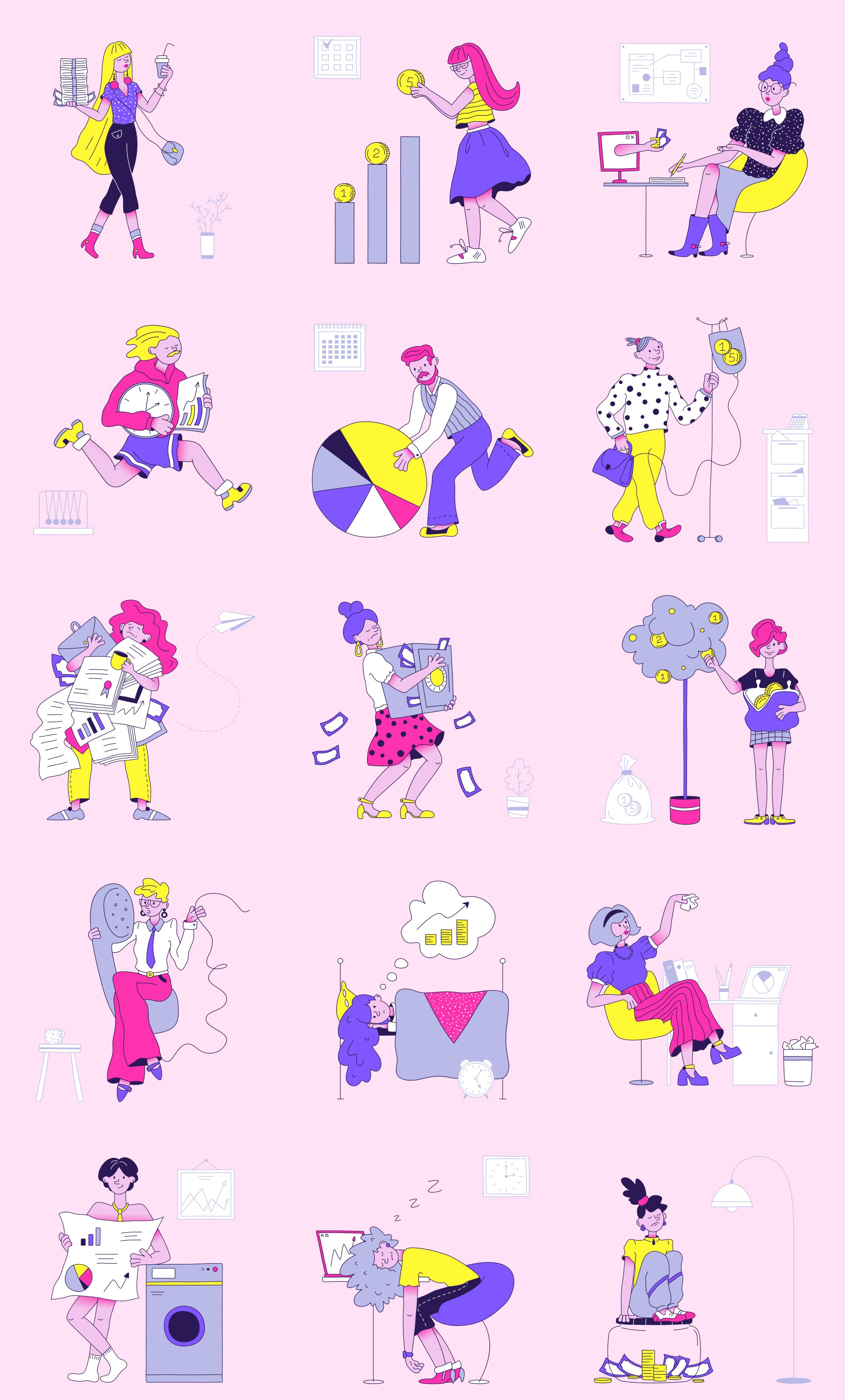 A series of illustrations of people doing different things.