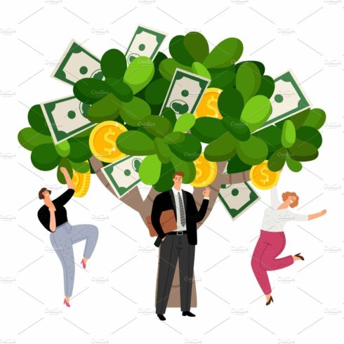 A group of people standing around a money tree.