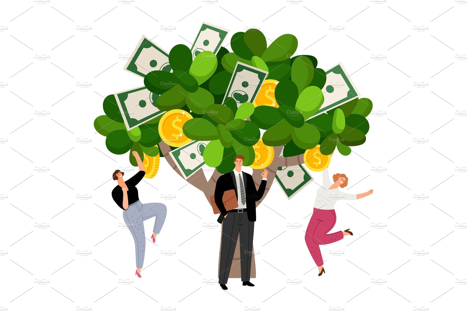 A group of people standing around a money tree.