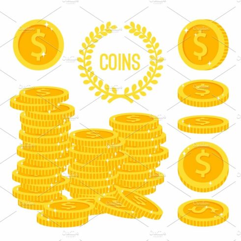 A pile of gold coins with a wreath around it.