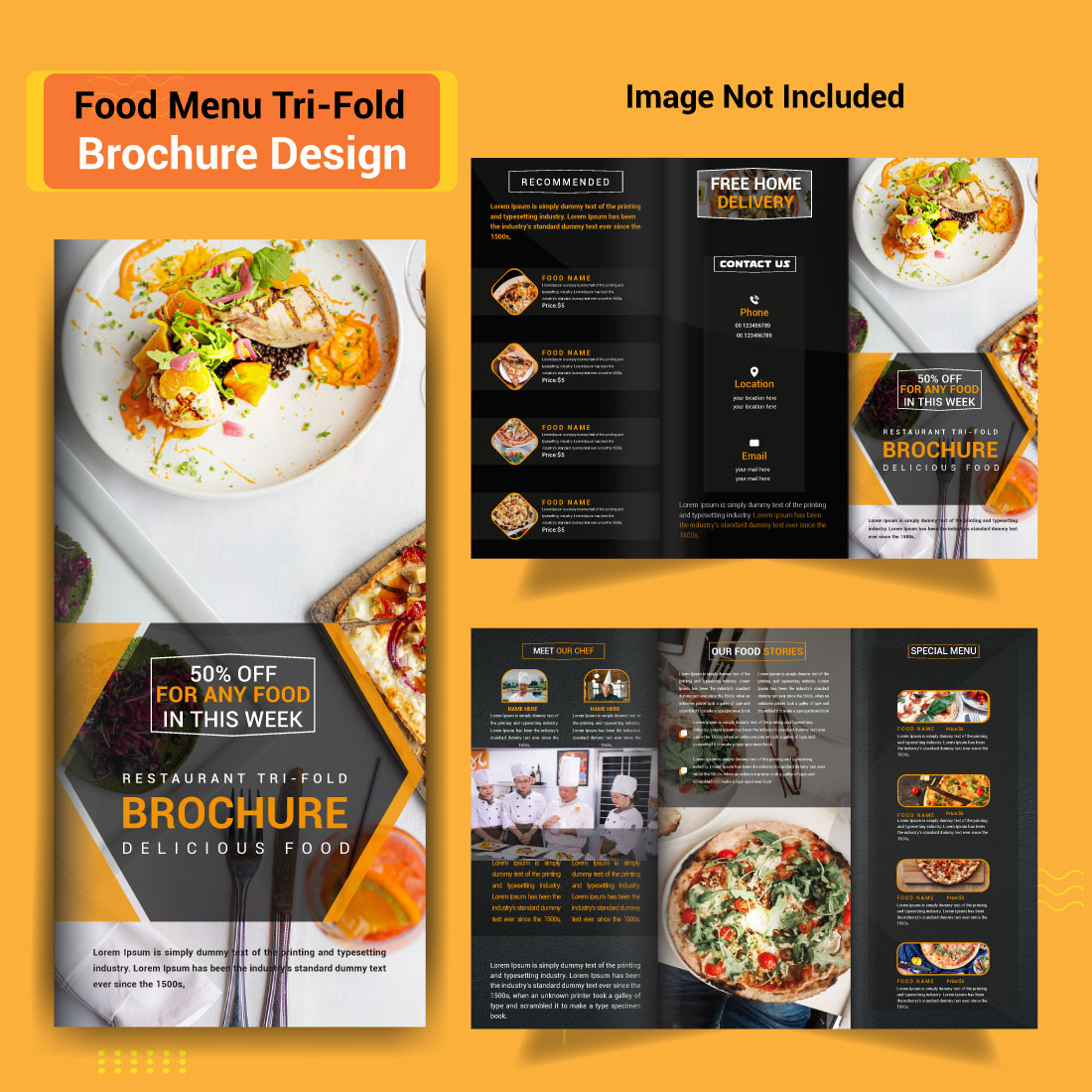 Restaurant Food Tri Fold Brochure Template Design preview image.