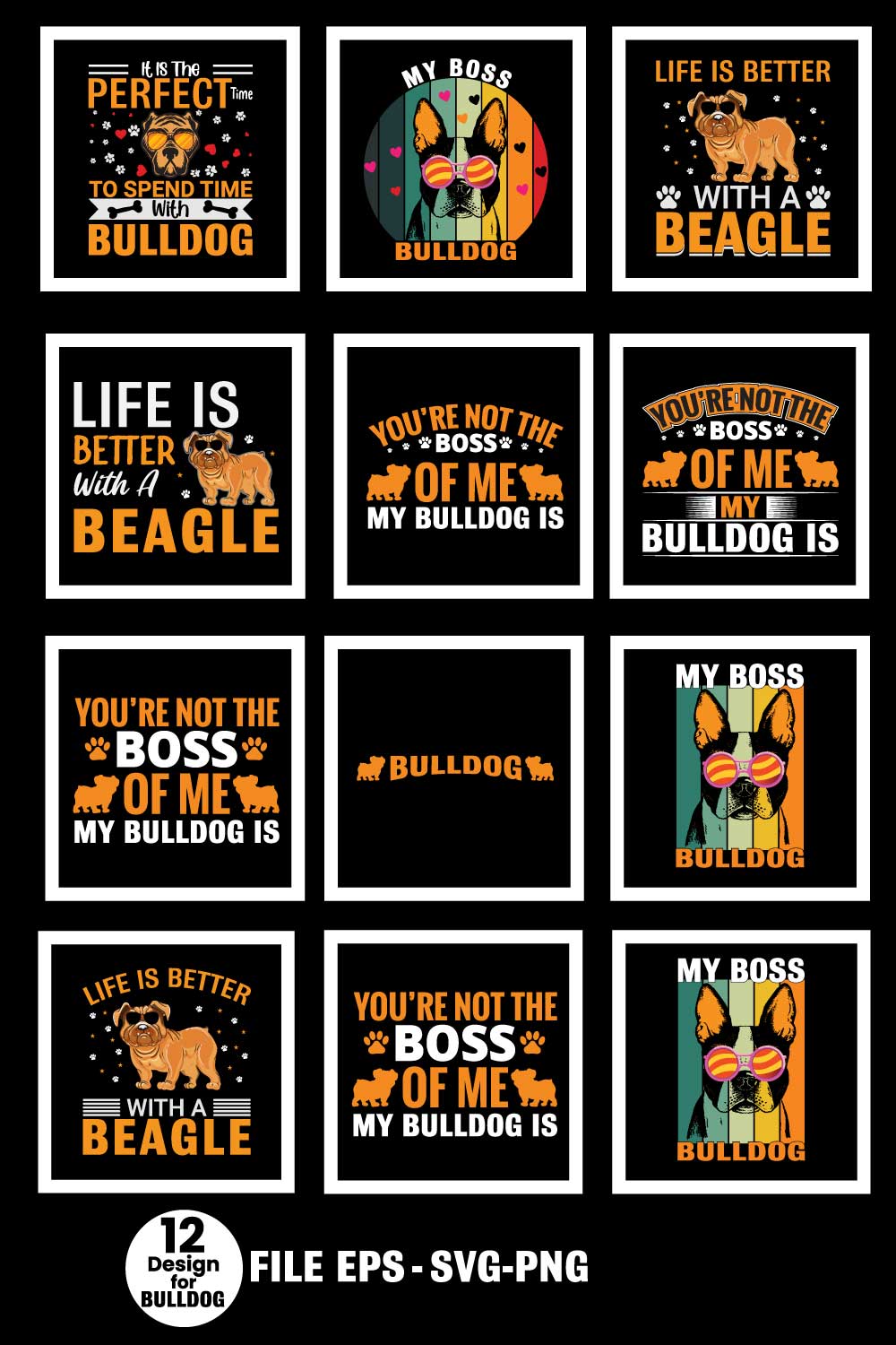 Trendy 12 Bulldog T-Shirt Designs Bundle SVG / EPS pinterest preview image.