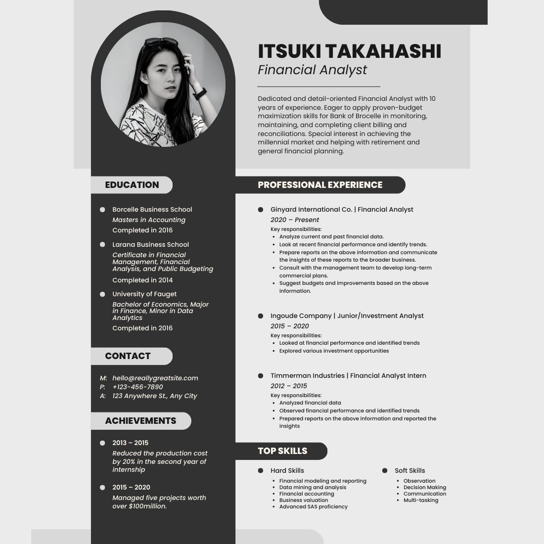 Black and white resume with a photo of a woman.