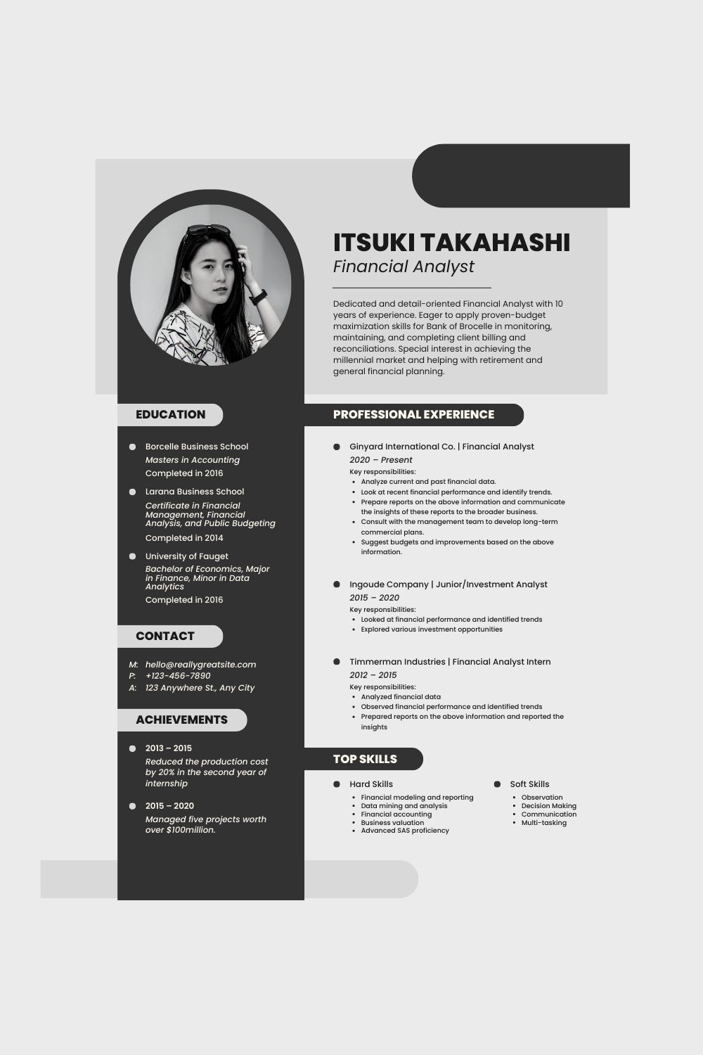 Black and white resume template with a picture of a woman.