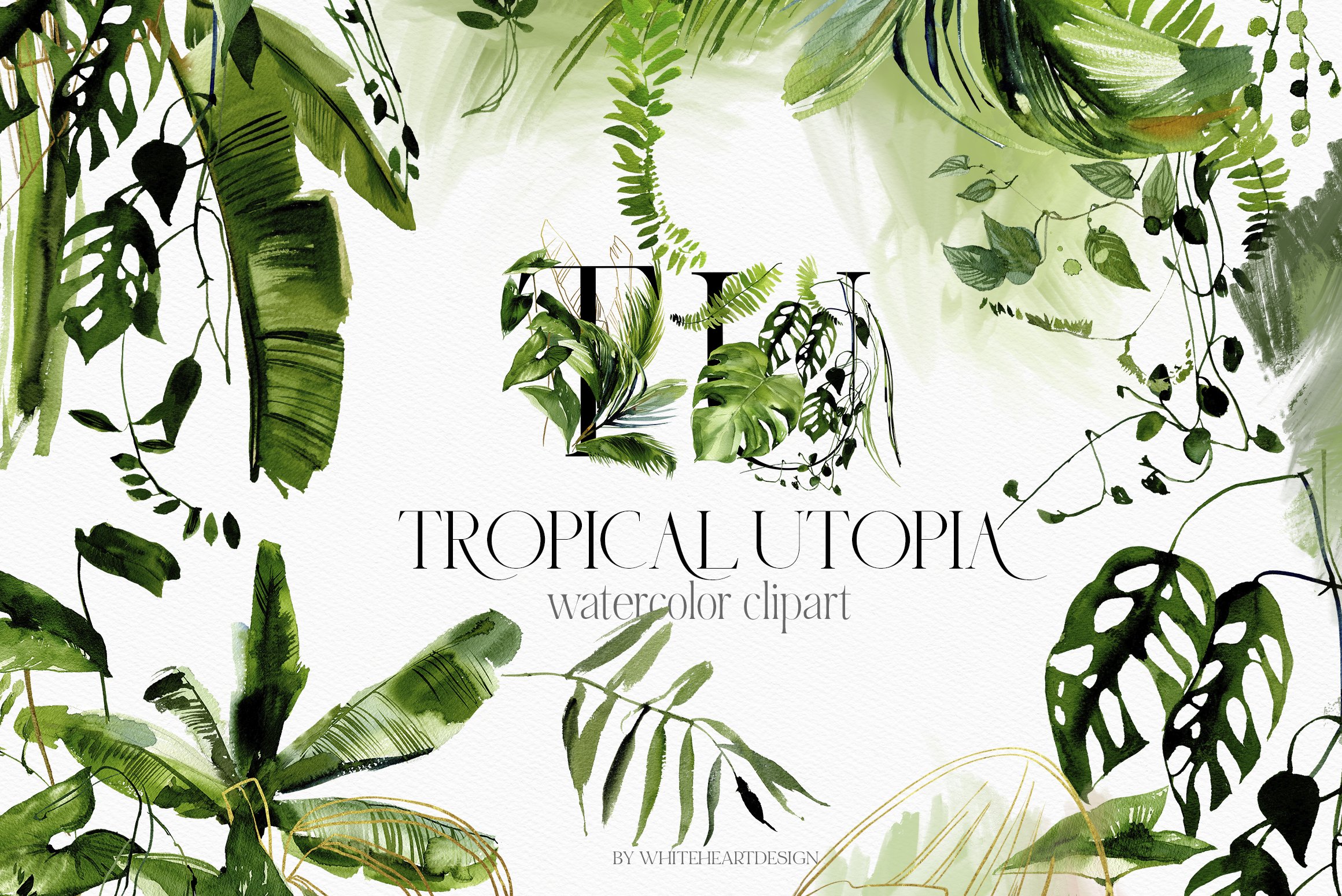 Tropical Greenery Watercolor Clipart cover image.