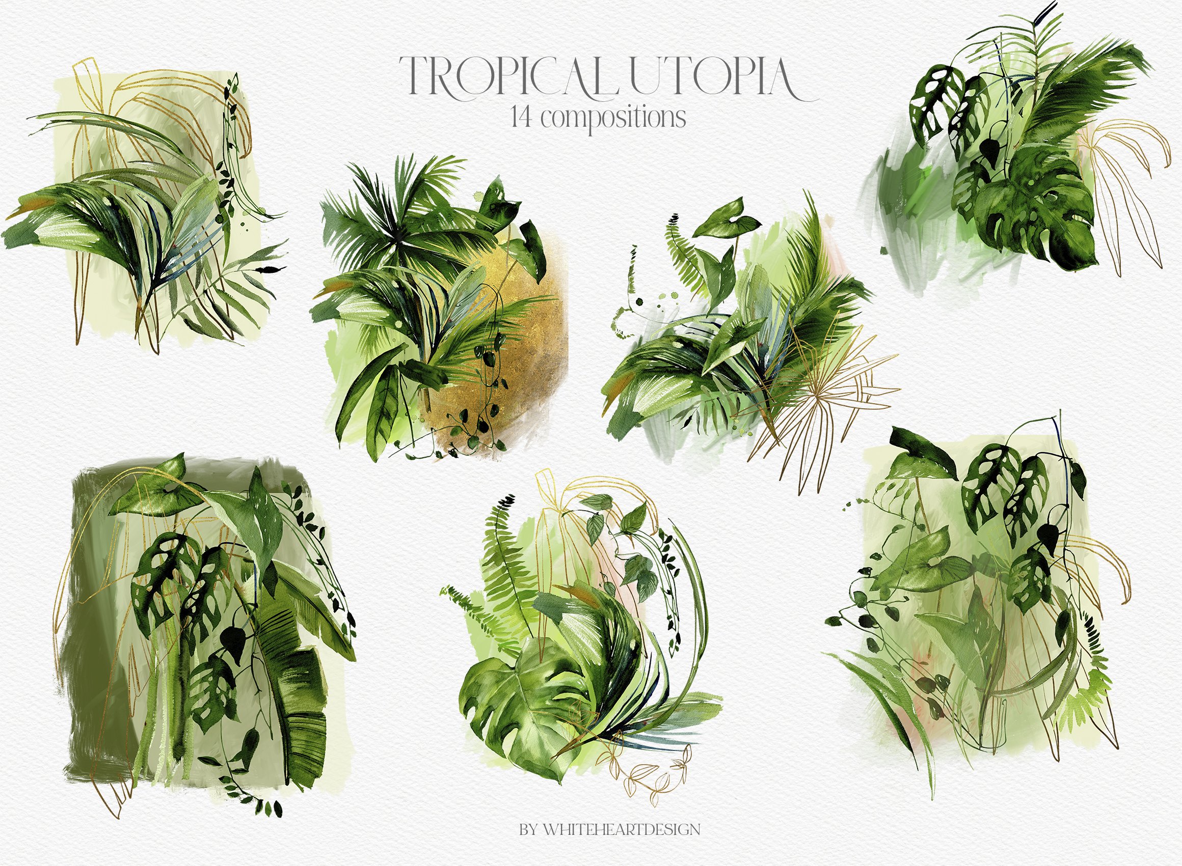 Collection of tropical plants painted in watercolor.