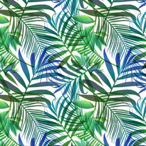 Green and blue leaf pattern on a white background.