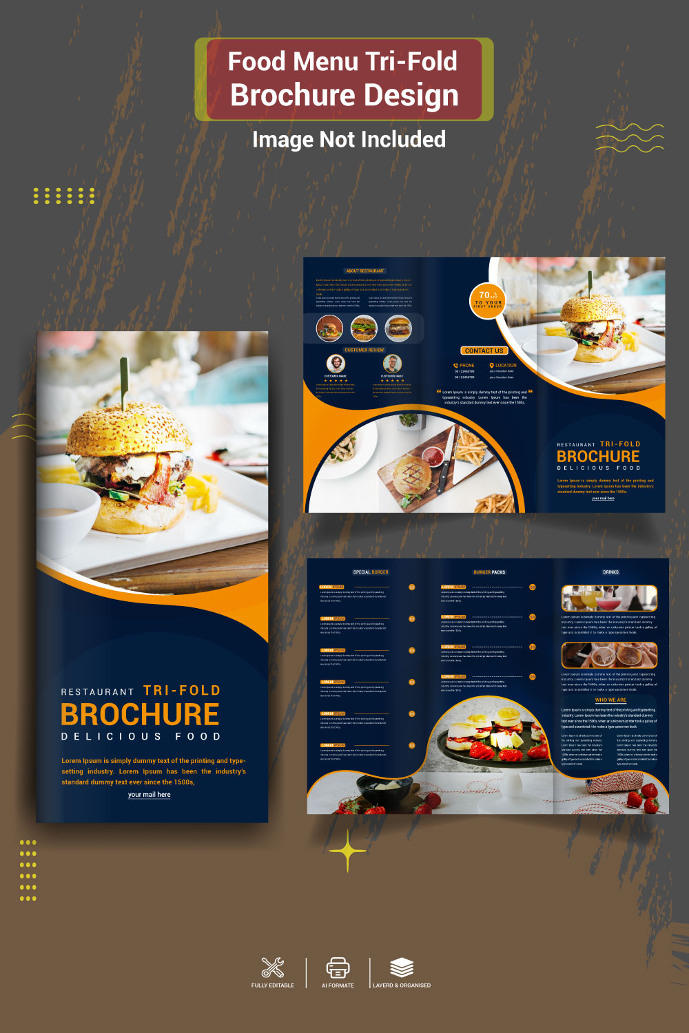Tri-Fold Restaurant Food Brochure Template Design pinterest preview image.
