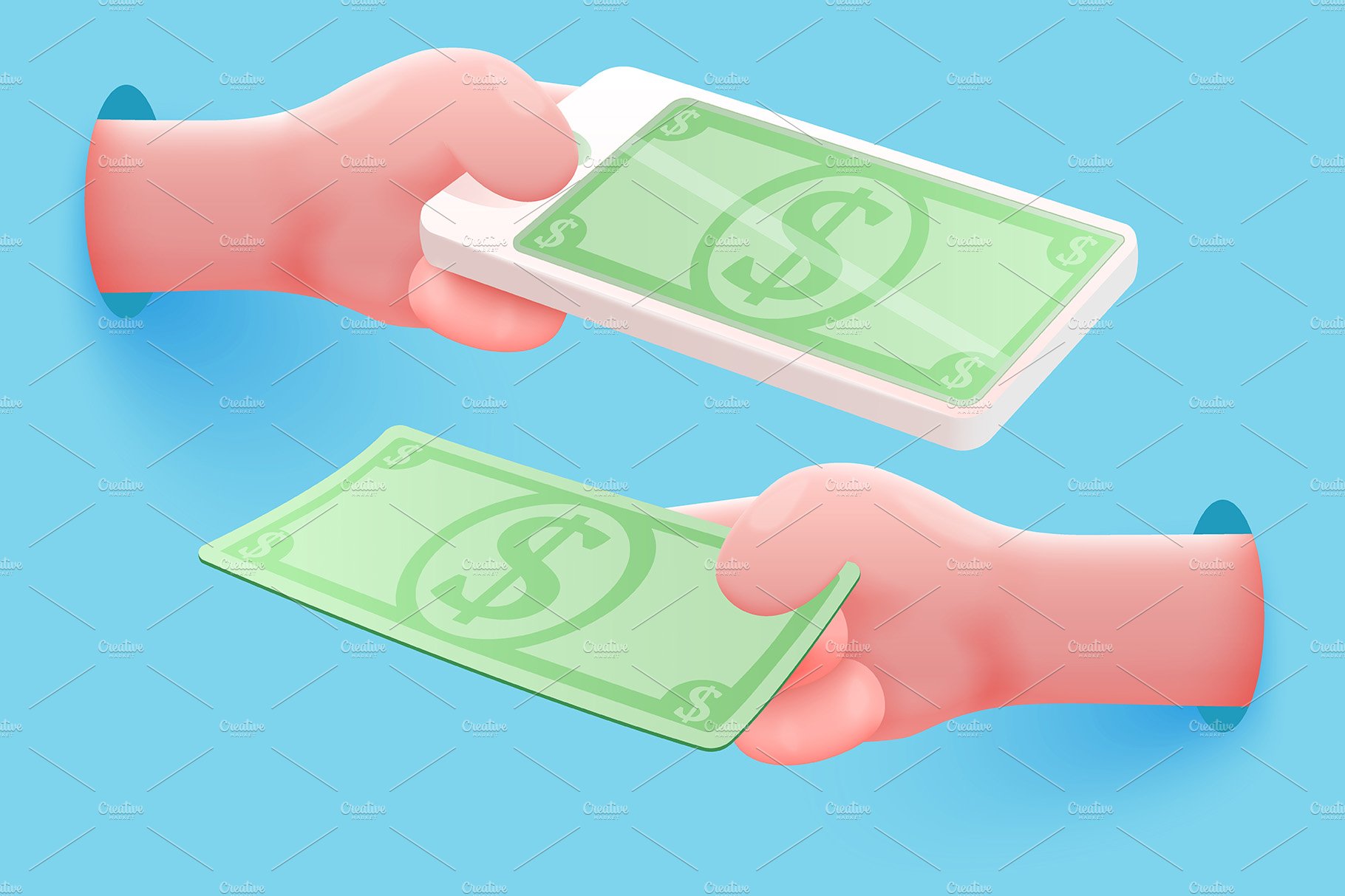 A pair of hands exchanging money against a blue background.
