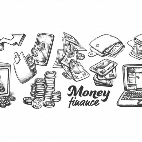 A black and white drawing of money and a laptop.