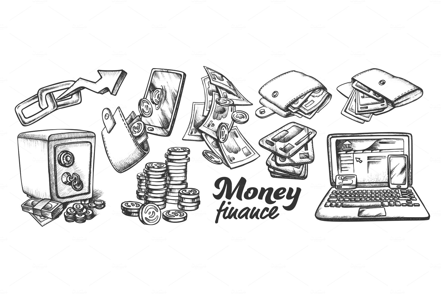 A black and white drawing of money and a laptop.
