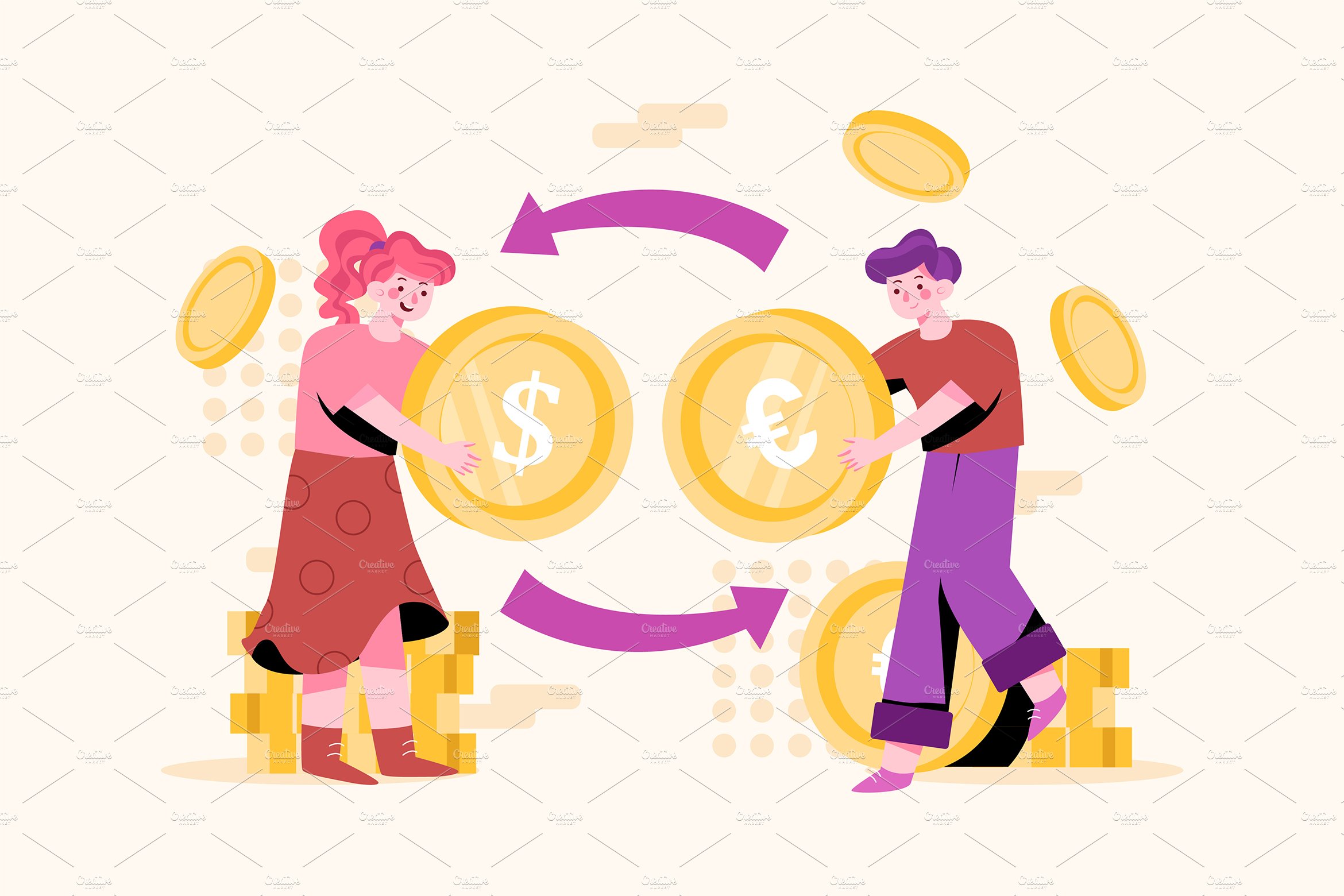 A man and woman shaking hands over a pile of money.