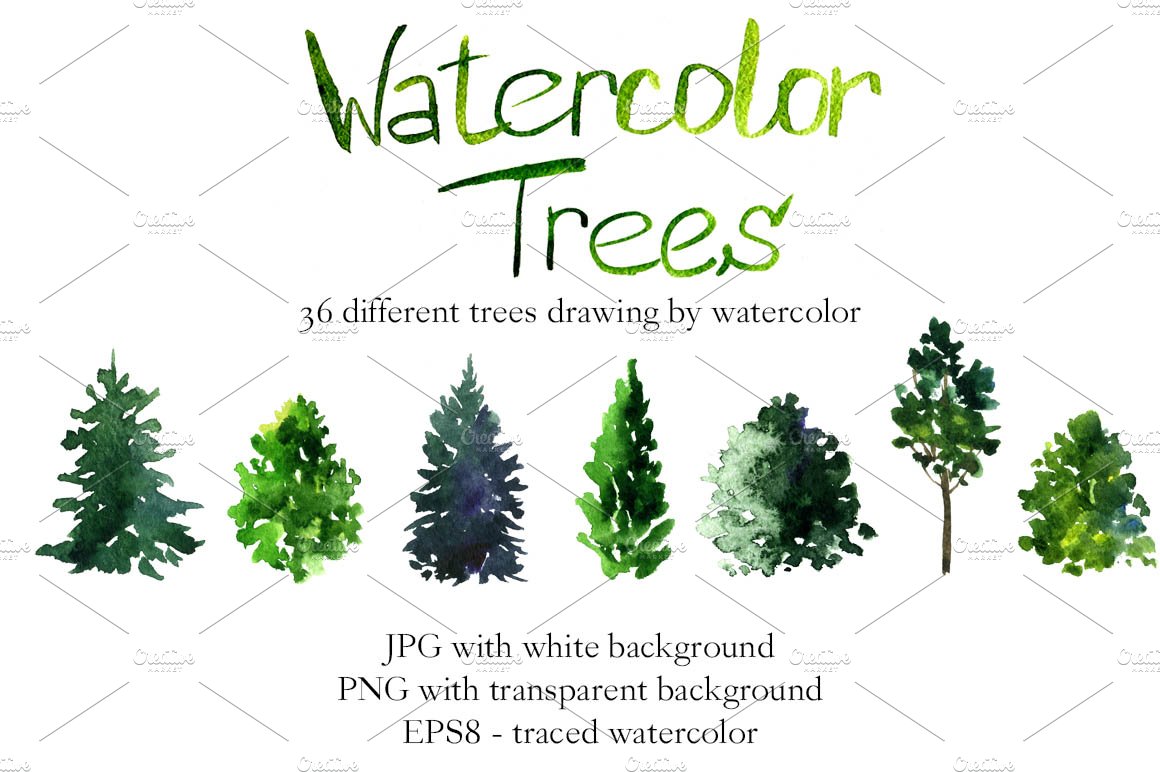 Watercolor trees with different types and colors.