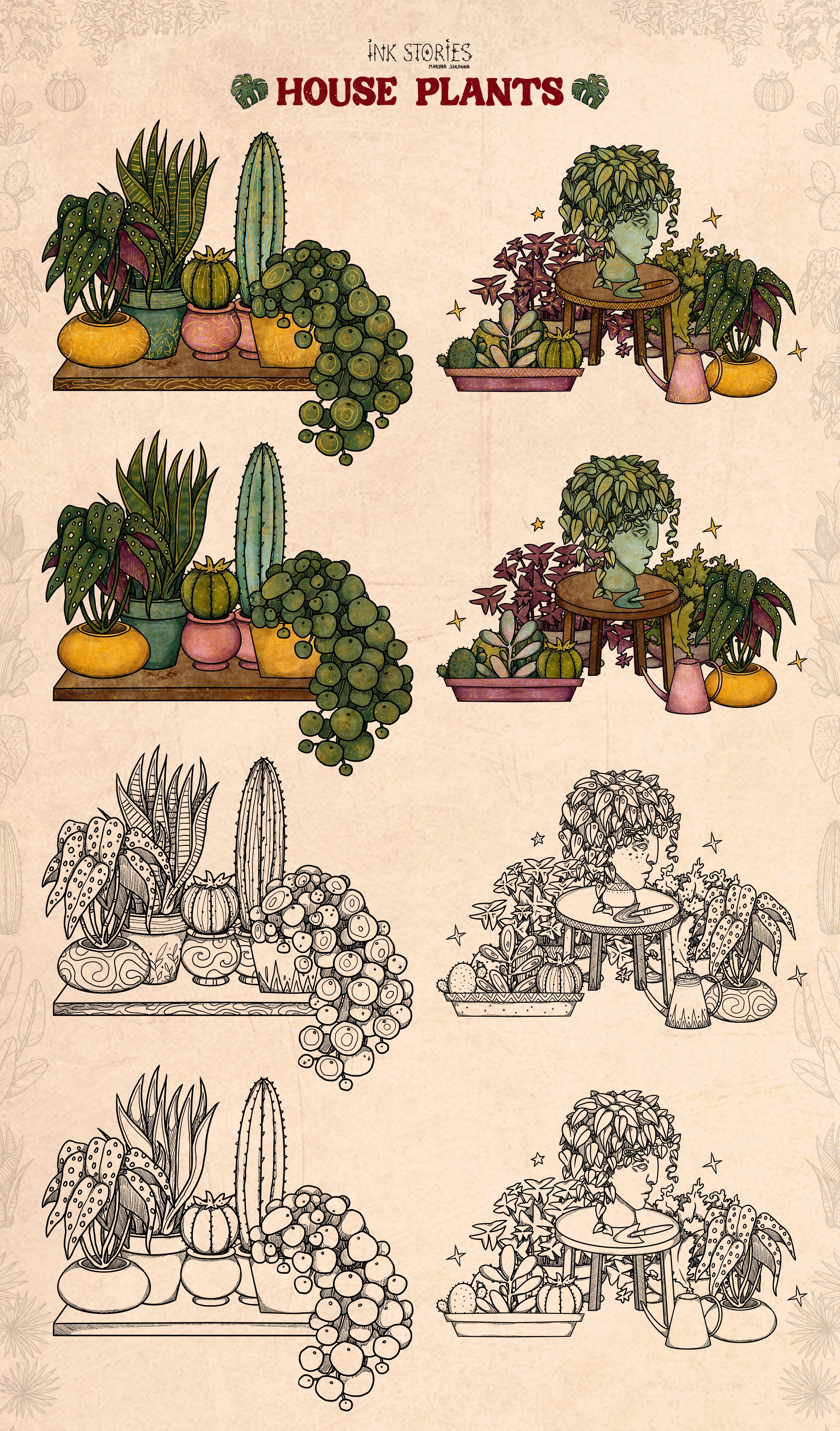 Drawing of a variety of house plants.