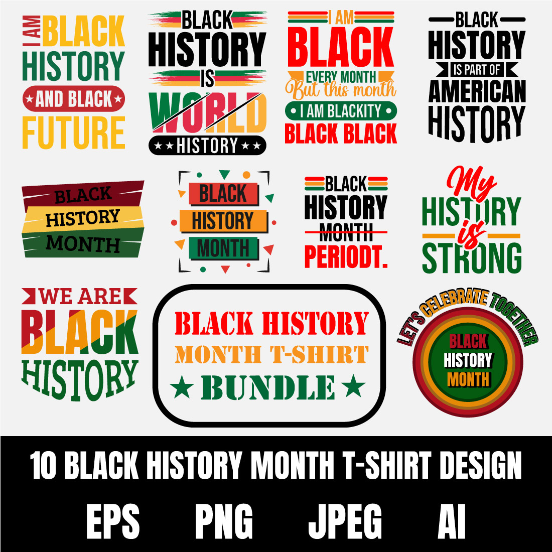 10 black history month taypograpy t-shirt design bundle preview image.