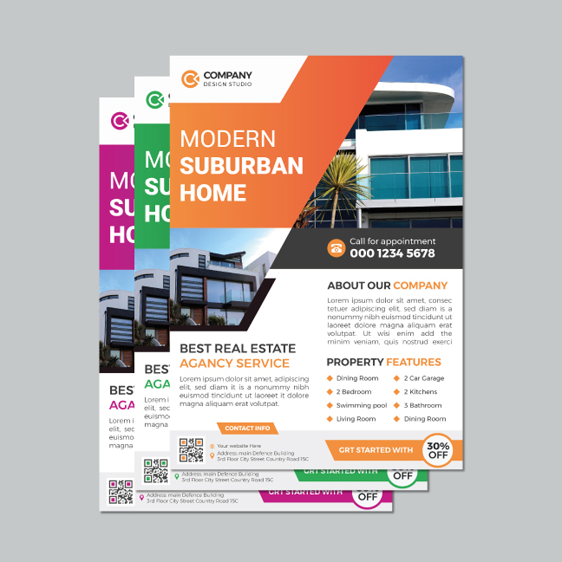 Real estate flyer design template preview image.