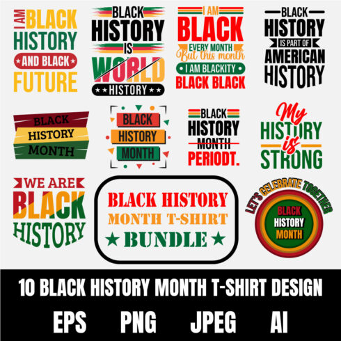 10 black history month taypograpy t-shirt design bundle cover image.