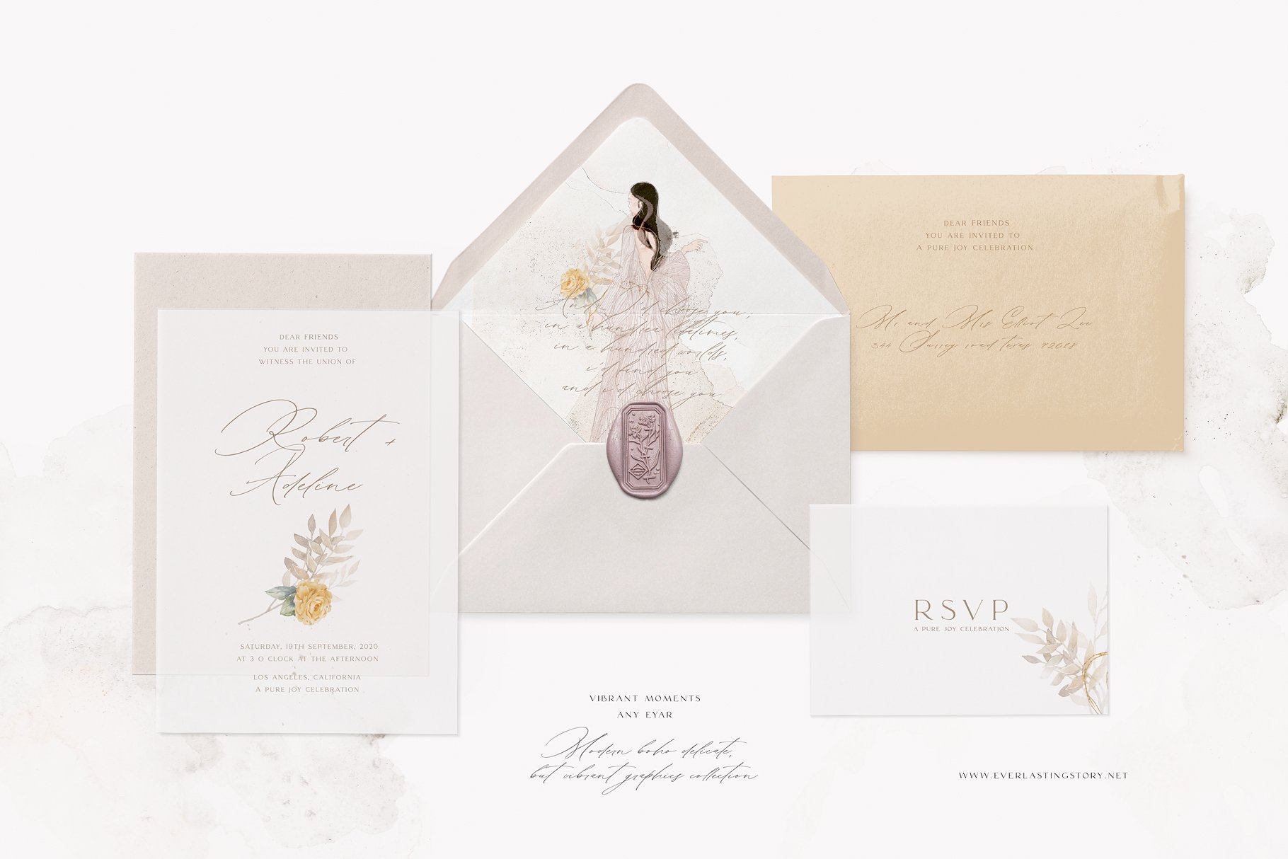 Wedding suite with a white envelope and gold foil stamp.