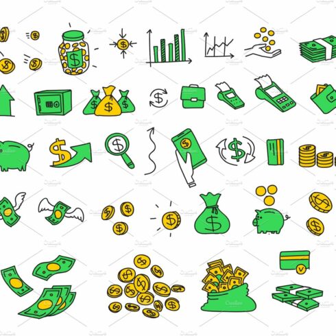 A bunch of money icons on a white background.