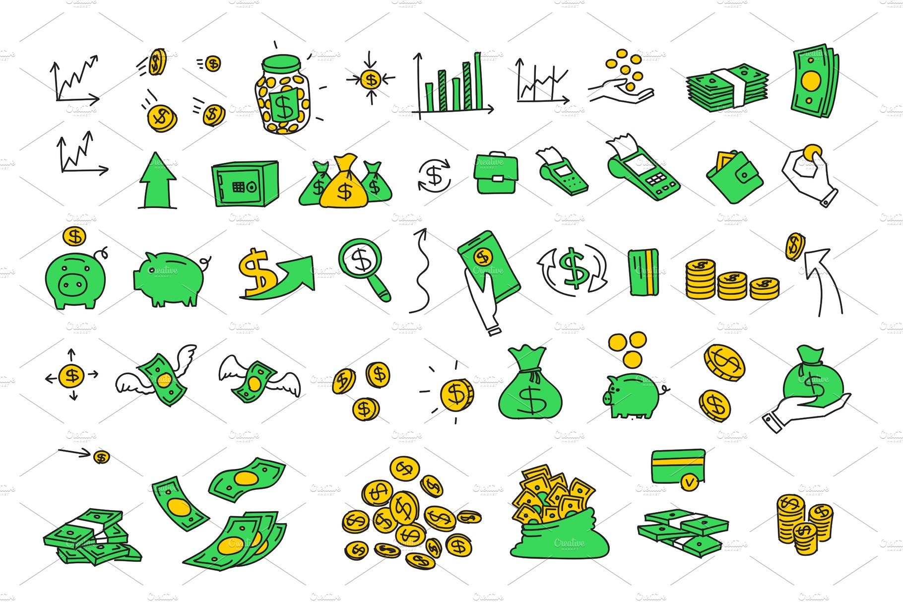 A bunch of money icons on a white background.