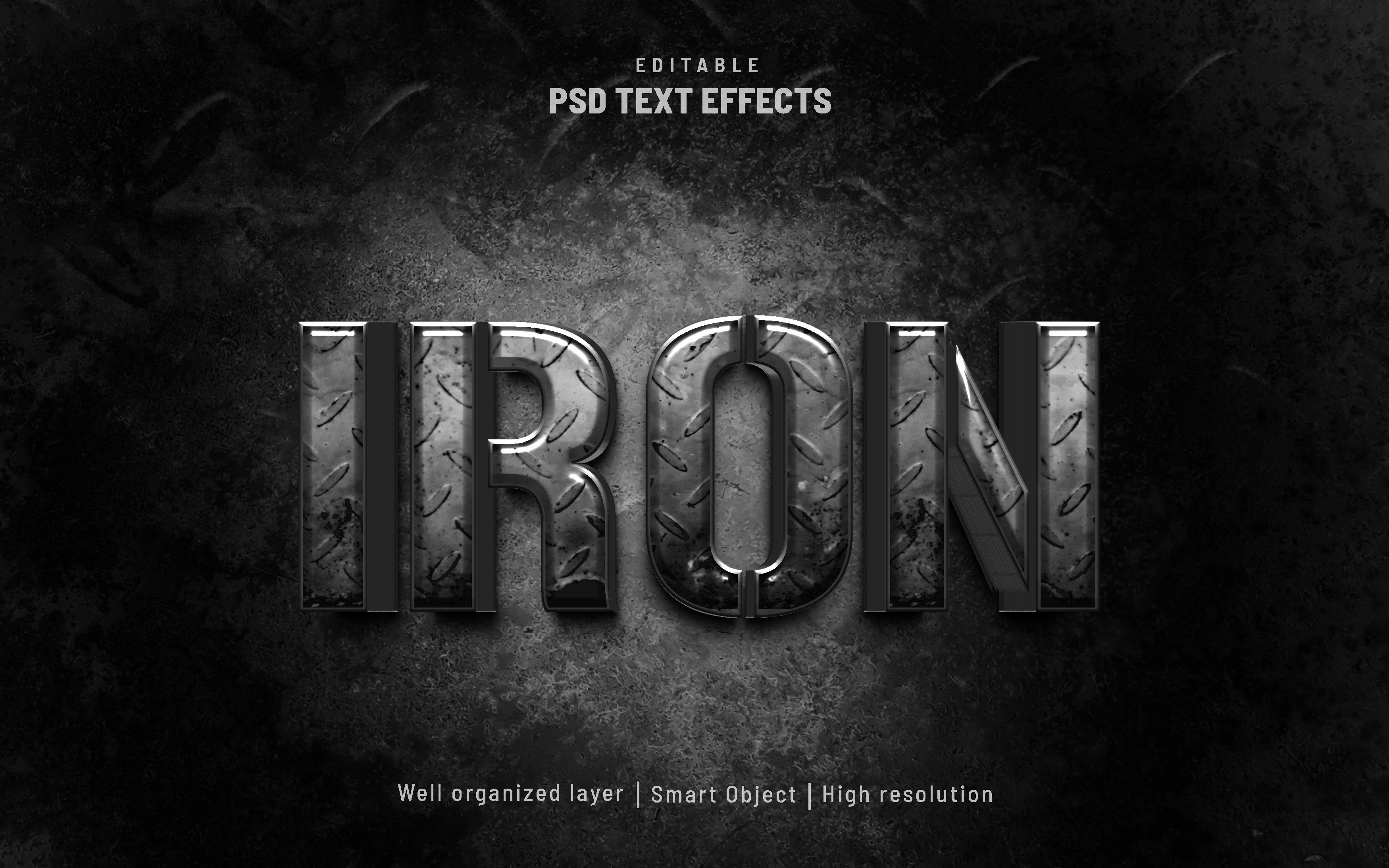 Iron steel metal editable text PSDcover image.