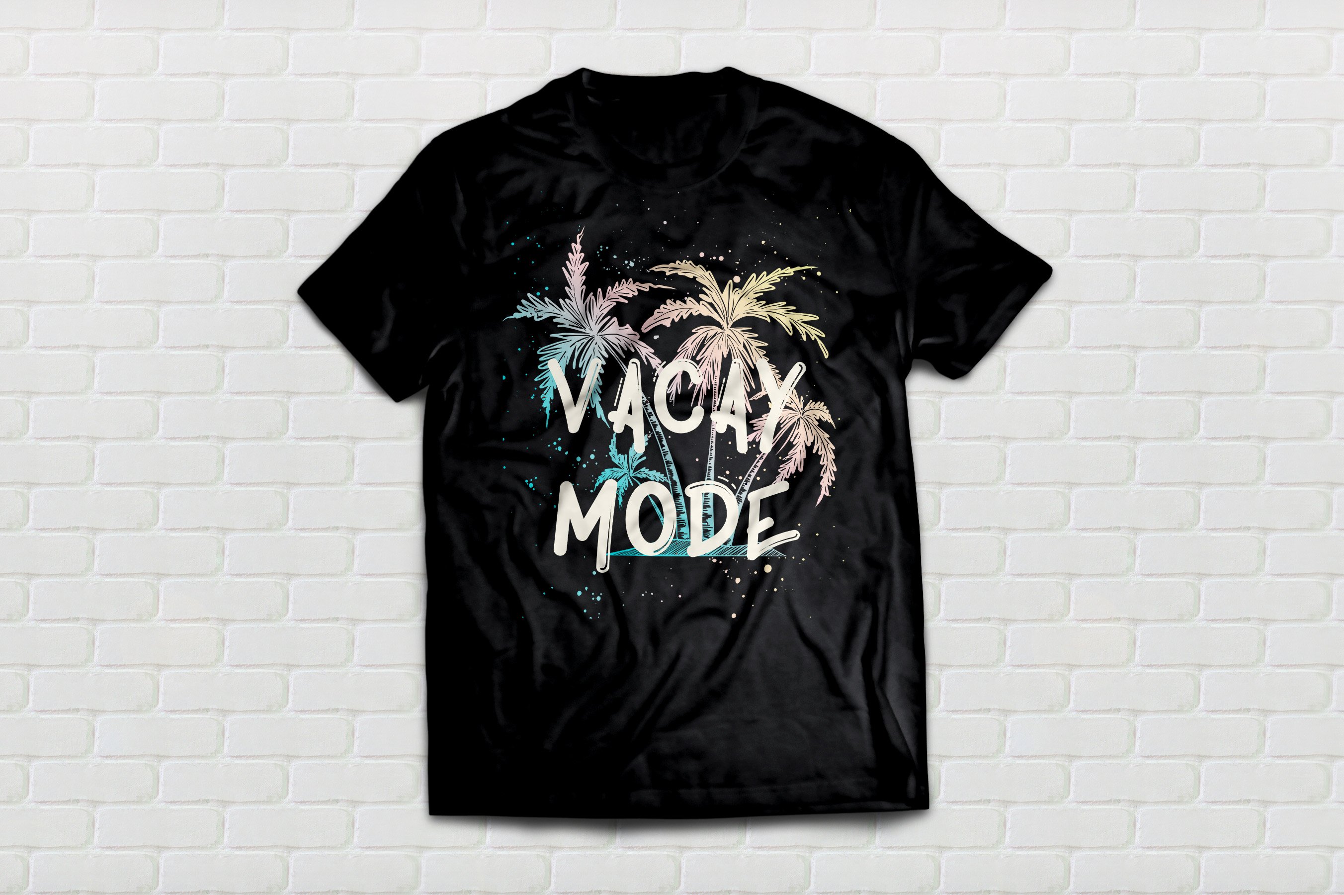 Black t - shirt with a palm tree and the words vacay mode.