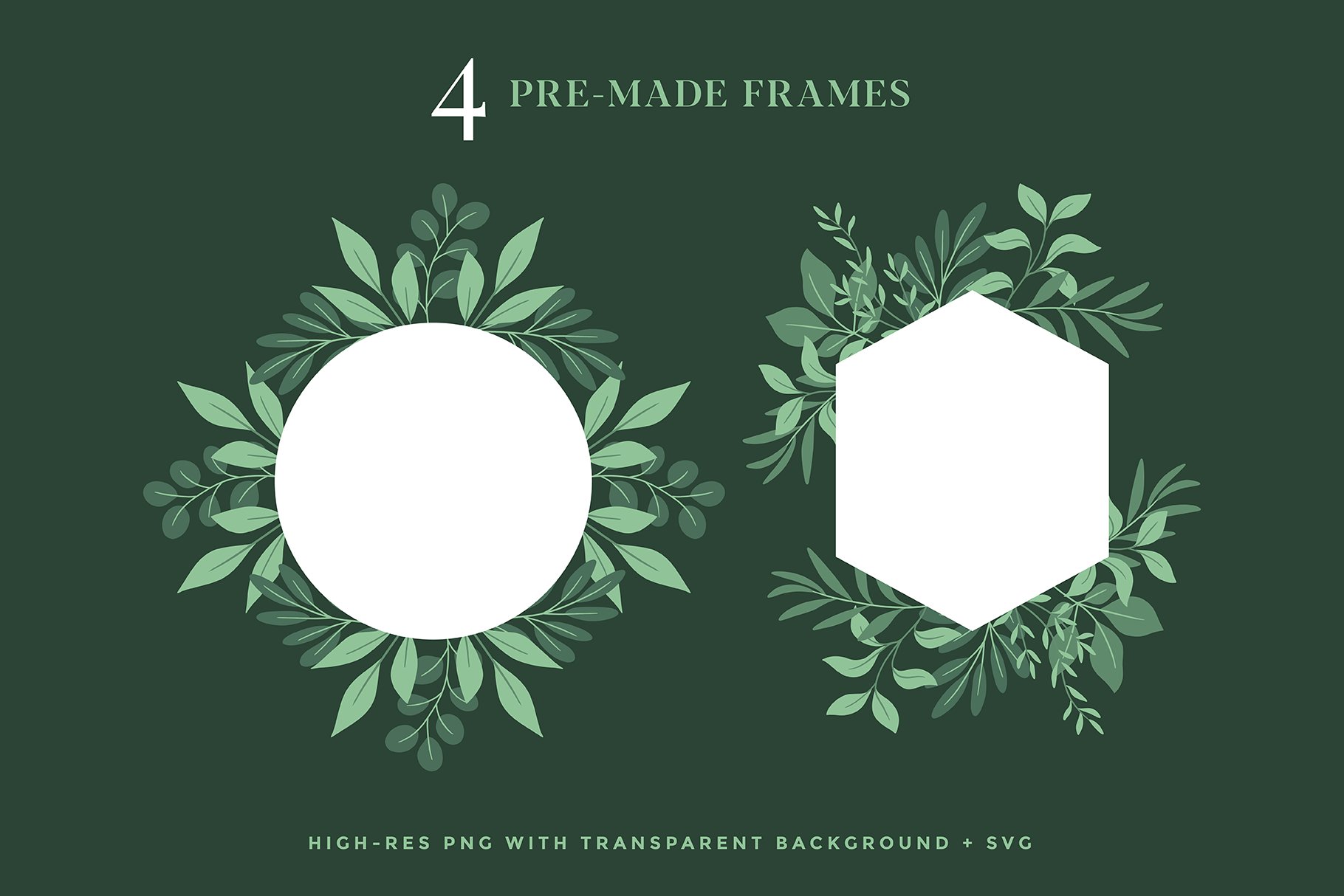 Set of four white frames with green leaves.