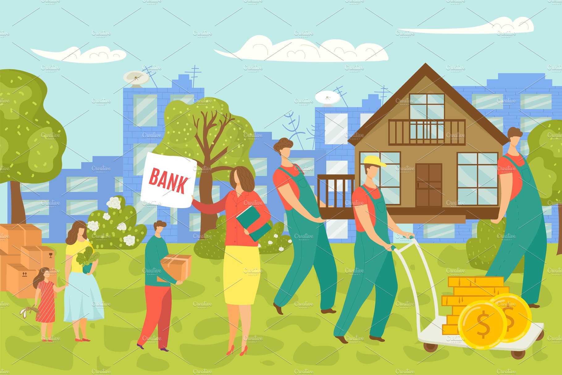 A group of people in a park with a bank sign.