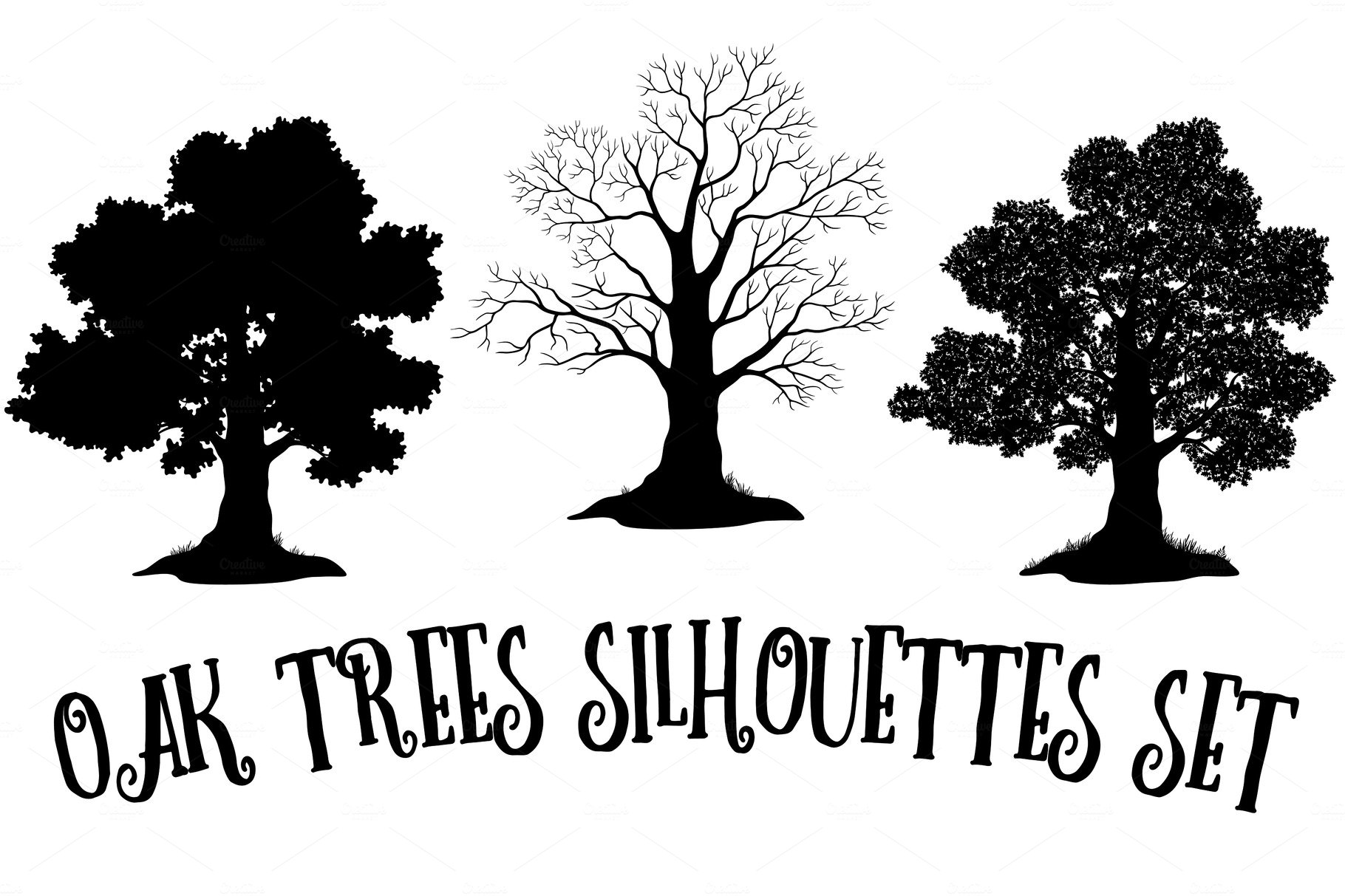 Three trees silhouettes set with the words oak trees silhouettes set.