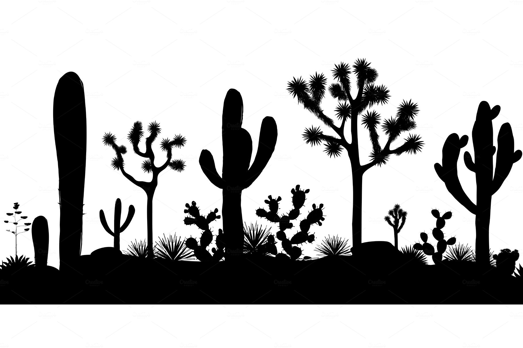 Black and white silhouette of a cactus garden.