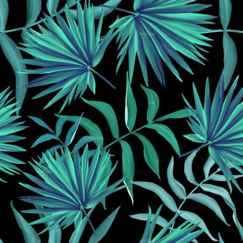 Black background with blue and green leaves.