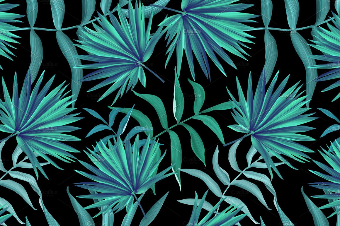 Black background with blue and green leaves.