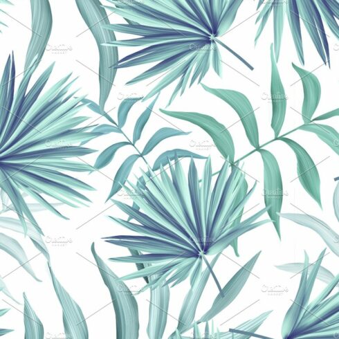 Blue and green palm leaf pattern on a white background.