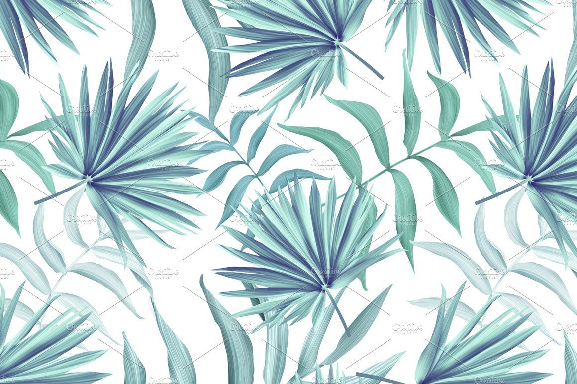Blue and green palm leaf pattern on a white background.
