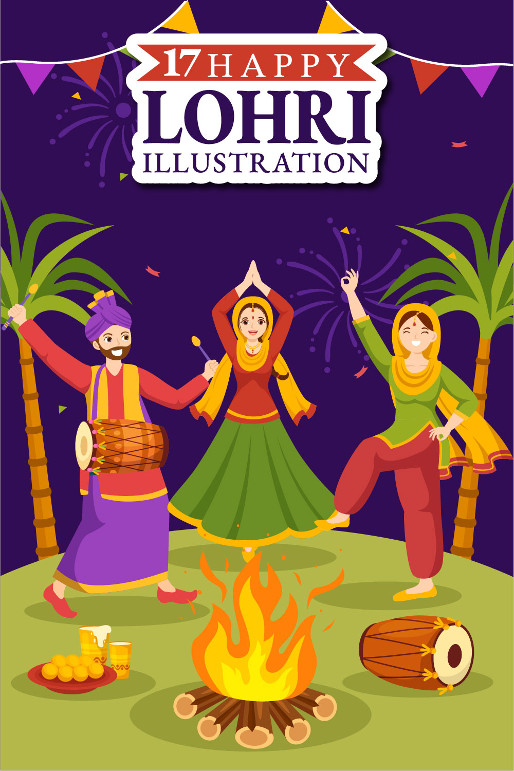 17 Happy Lohri Festival Illustration pinterest preview image.