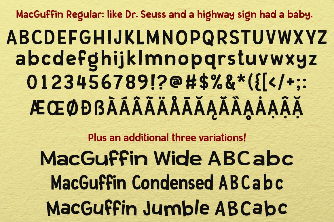 MacGuffin fun font set preview image.