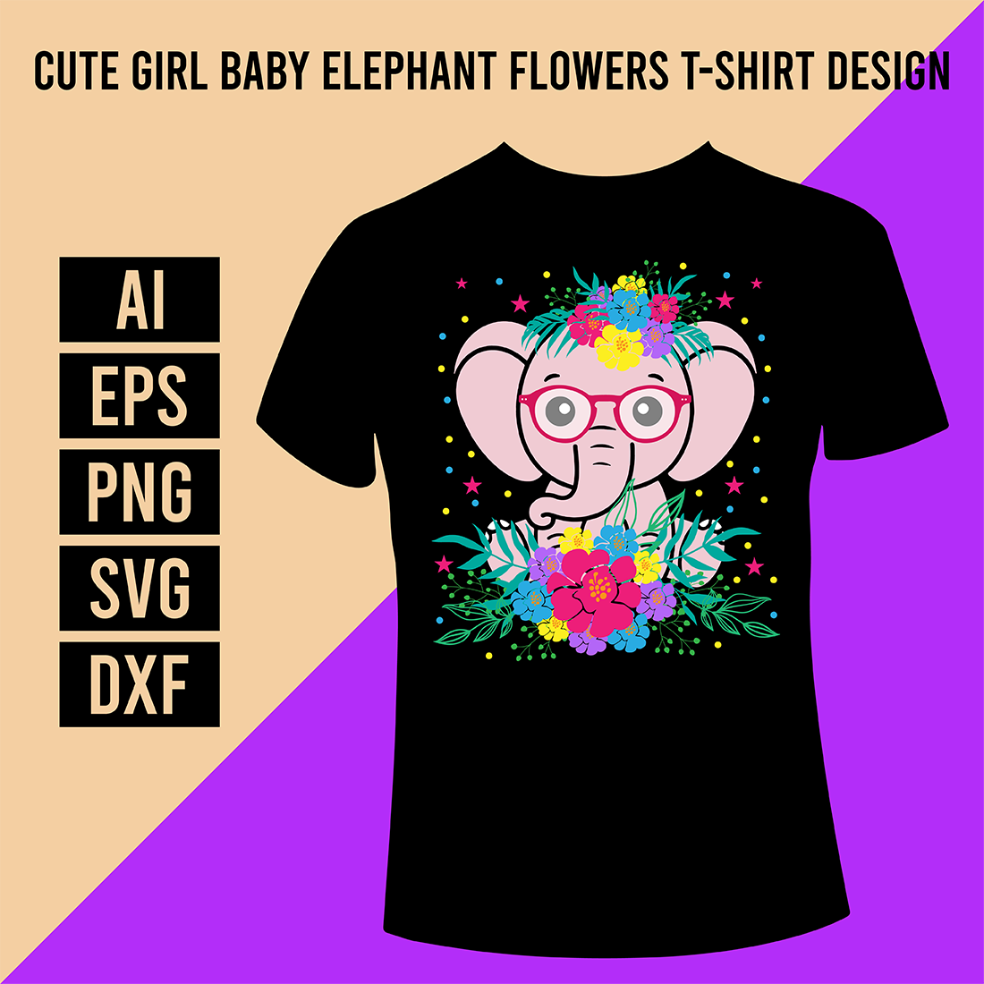 Cute Girl Baby Elephant Flowers T-Shirt Design cover image.