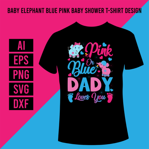 Baby Elephant Blue Pink Baby Shower T-Shirt Design cover image.