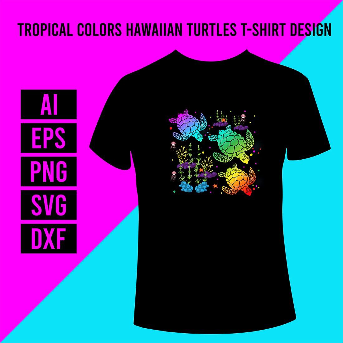 Tropical Colors Hawaiian Honu Sea Turtles T-Shirt Design cover image.