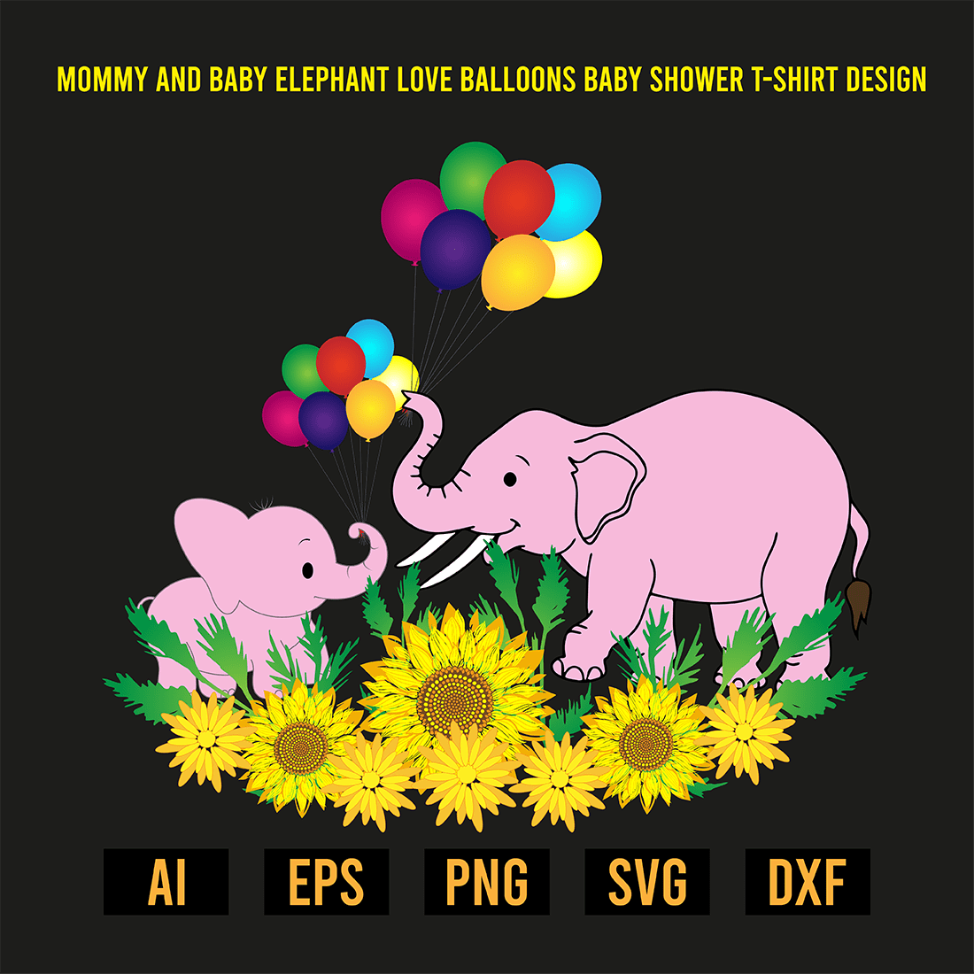 Mommy and Baby Elephant Love Balloons Baby Shower T-Shirt Design preview image.