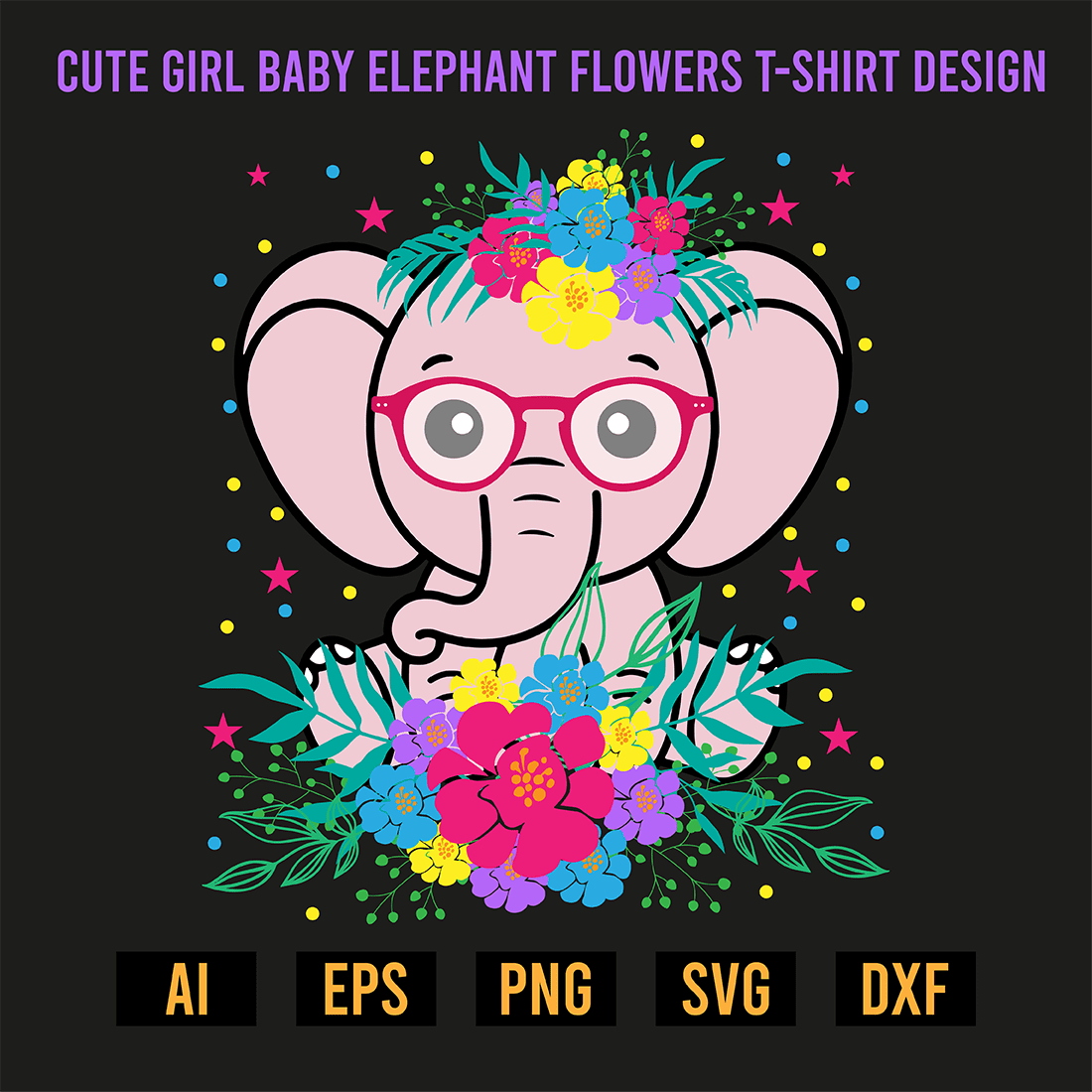 Cute Girl Baby Elephant Flowers T-Shirt Design preview image.
