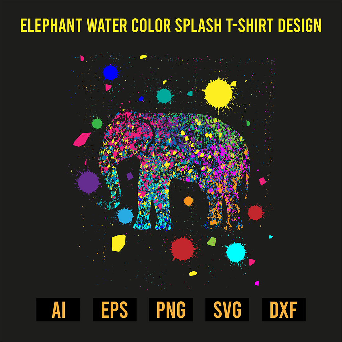Elephant Water Color Splash T-Shirt Design preview image.