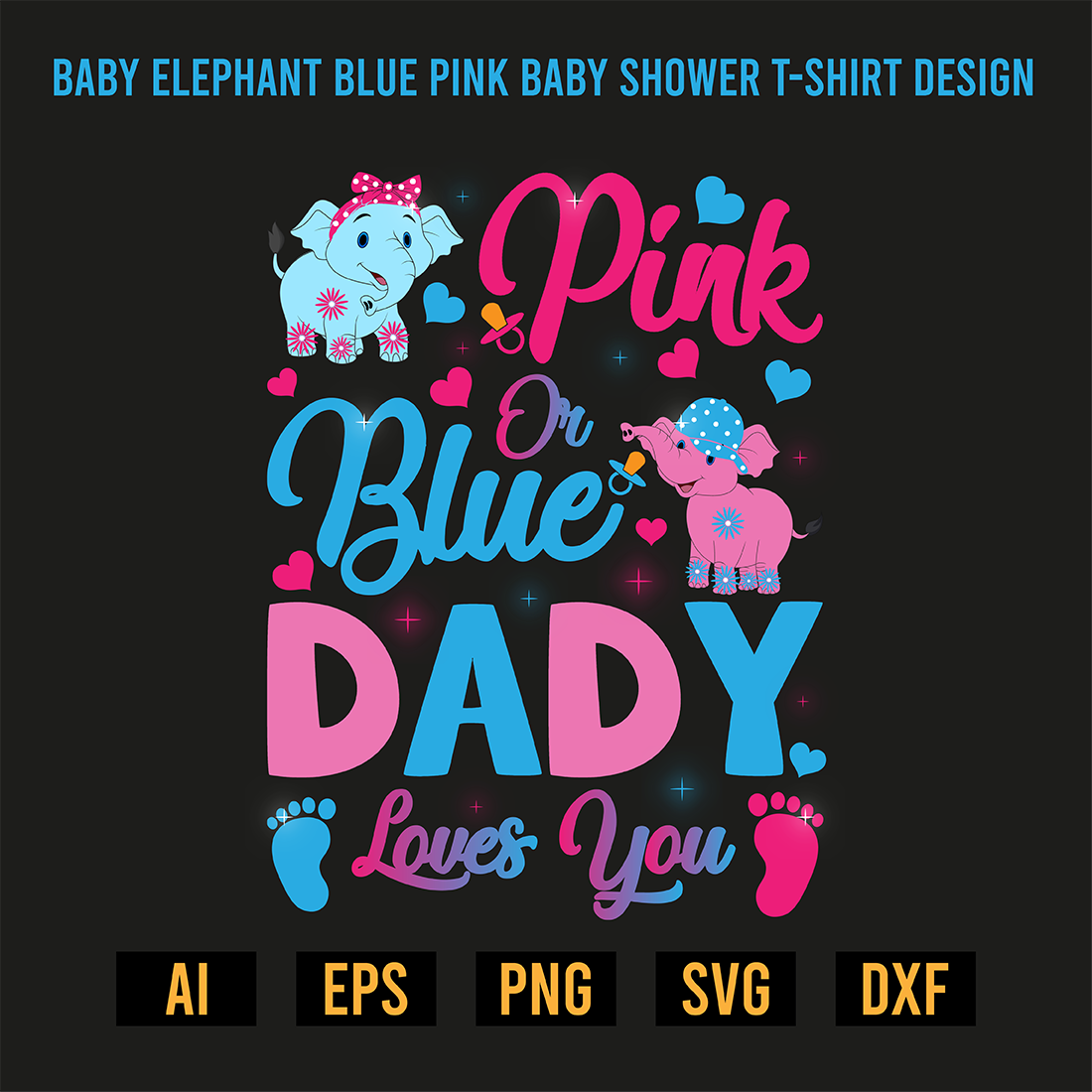 Baby Elephant Blue Pink Baby Shower T-Shirt Design preview image.