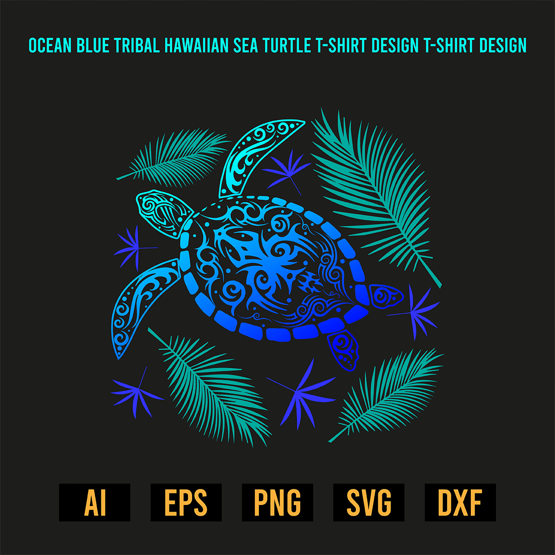 Ocean Blue Tribal Hawaiian Sea Turtle T-Shirt Design preview image.