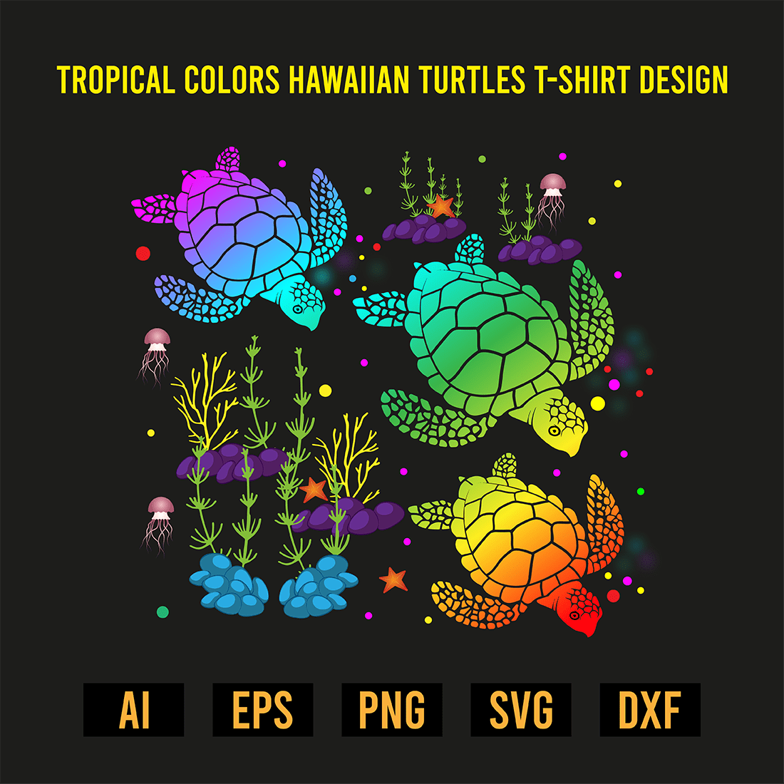 Tropical Colors Hawaiian Honu Sea Turtles T-Shirt Design preview image.
