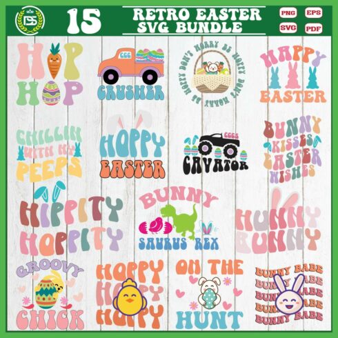 Retro Easter SVG Bundle, Kids Easter svg, Groovy Easter svg cover image.