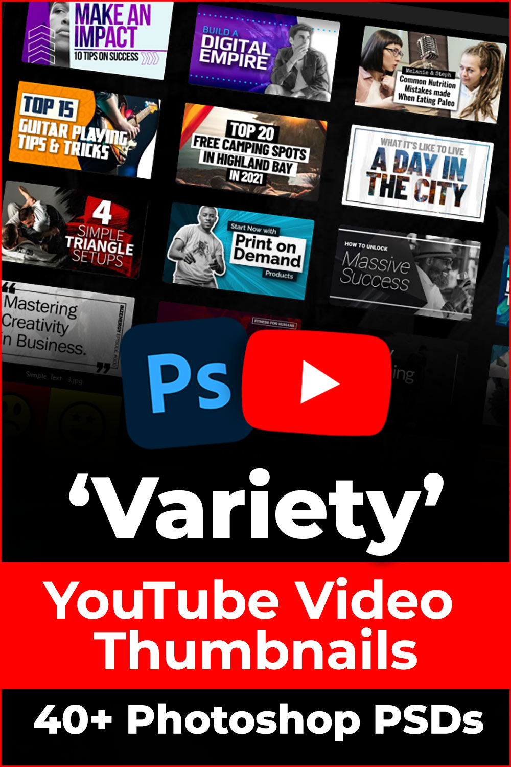 ‘Variety’ 40 x YouTube Thumbnails (PSD Template Pack) pinterest preview image.