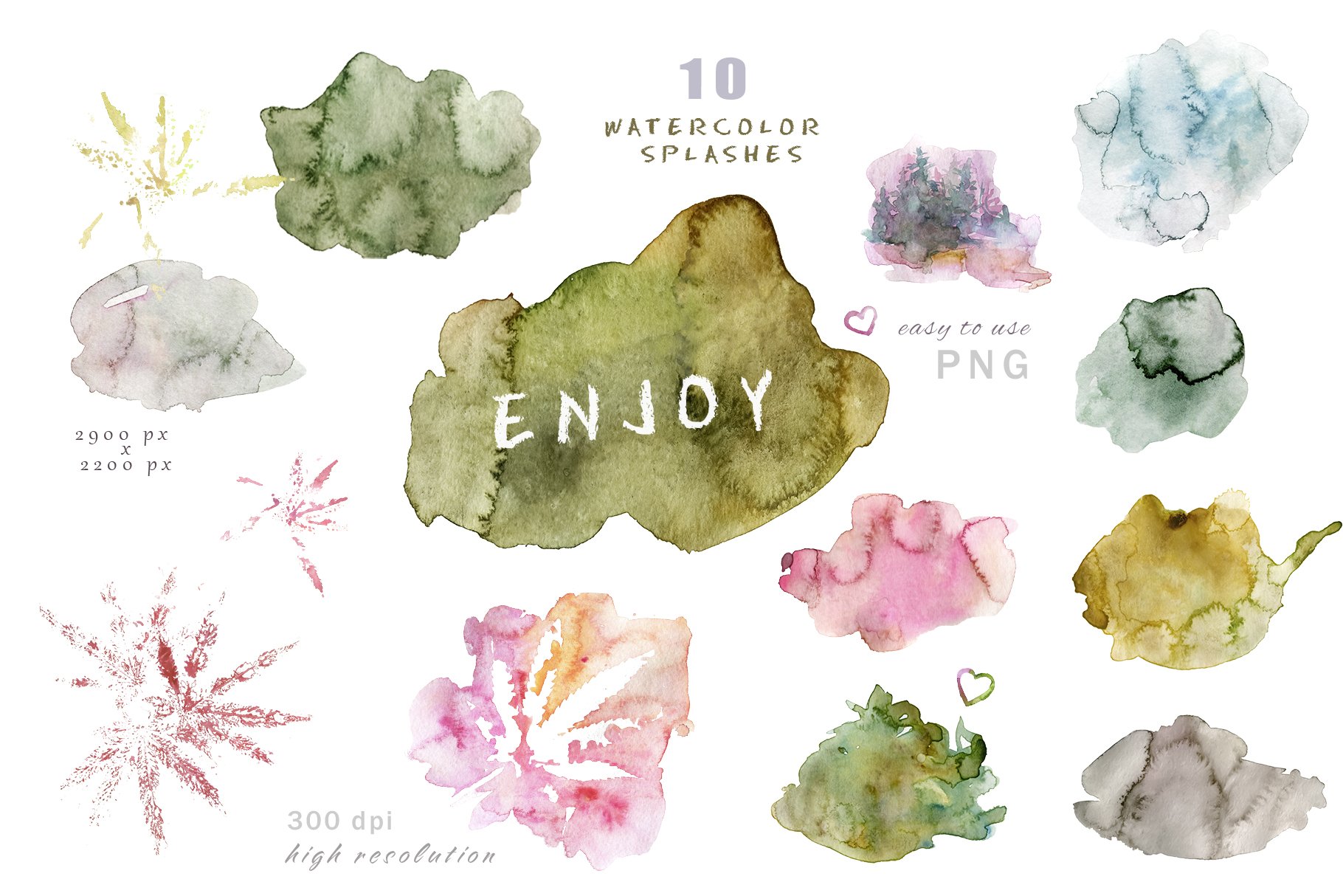 Collection of watercolor splashes with the words enjoy.