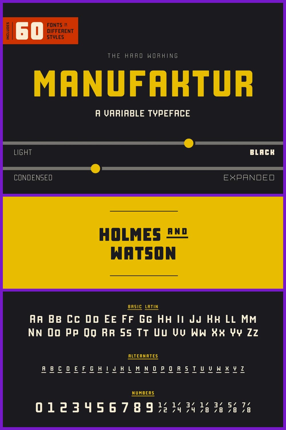Collage of text writing options in Manufaktur font on a black and yellow background.